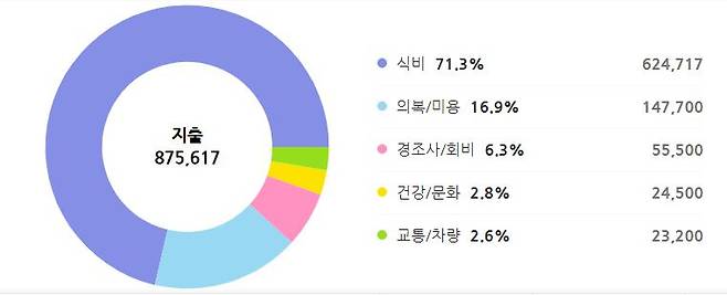 김기자의 식비 비중은 71.3%였다. [네이버가계부 캡처]