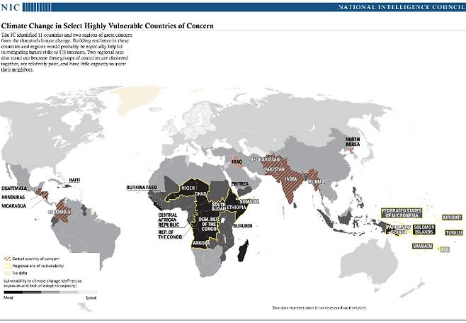 북한은 미국 국가정보위원회(NIC) 지정한 '기후위기에 가장 우려되는 11개국'에 포함됐다. NIC보고서 캡처