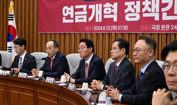 추경호 국민의힘 원내대표가 지난 12일 국회에서 열린  국민의힘 연금개혁특위 연금개혁 정책간담회에서 발언하고 있다. 안주영 전문기자