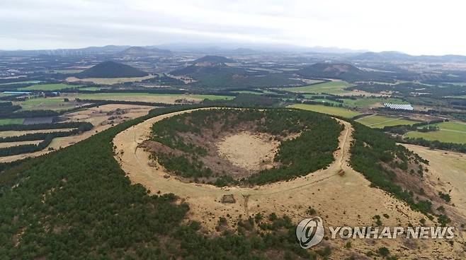 백약이오름 전경 (서귀포=연합뉴스) 박지호 기자 = 28일 제주 서귀포시 표선면 성읍리 백약이오름의 모습. 
    약초가 많이 난다고 전해지는 백약이오름의 총면적은 약 58만1천463㎡이며, 둘레 3천124m, 높이 356.9m다. 2020.2.28 jihopark@yna.co.kr