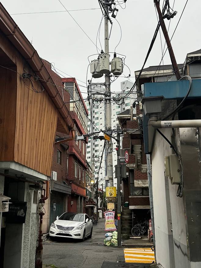 지난 12일 성수동 성수전략정비구역 일대. 골목 사이로 청구강변아파트가 보인다. /오은선기자