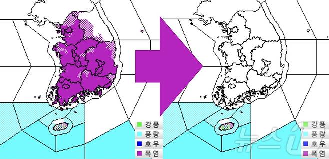 19일 오후 4시 전(좌)과 이후의 폭염특보 발령 현황. 제주 일부 지역을 제외한 전 권역의 폭염 특보가 해제됐다. ⓒ 뉴스1 황덕현 기자