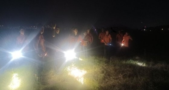 경기 시흥시 포동 한 갈대숲에서 실종자 수색을 벌이는 소방대원들. 사진 경기도소방재난본부