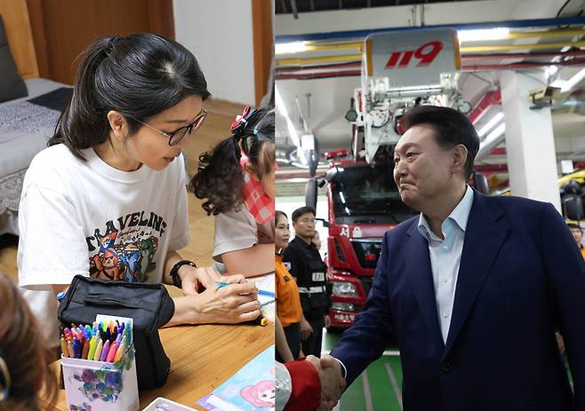 추석 연휴인 15일 김건희 여사가 서울 은평구 다움장애아동지원센터를 방문해 보육을 돕고 있다.(왼쪽 사진) 윤석열 대통령이 서울 강서소방서를 방문해 근무 중인 소방관들을 격려하고 있다. 대통령실 제공