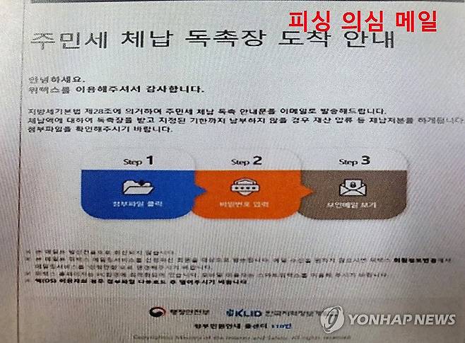 "위택스 사칭 피싱 주의하세요" (원주=연합뉴스) 강원 원주시가 최근 '주민세 체납 독촉장'이라는 제목으로 피싱 메일이 유포되고 있어 시민들에게 위택스를 사칭한 피싱 메일을 주의해 달라고 당부하고 있다. 2024.9.19 [원주시 제공.재판매 및 DB 금지] jlee@yna.co.kr