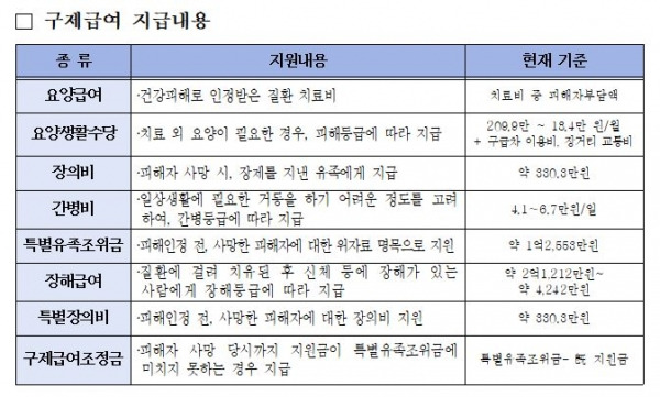 가습기살균제 구제급여 지급내용. ⓒ환경부