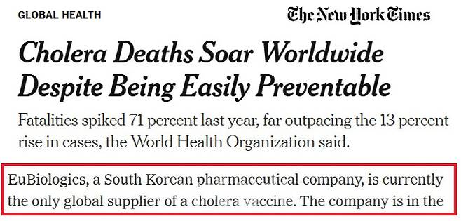 지난 11일(현지시간) 미국 뉴욕타임즈는 콜레라 백신의 창궐 현황을 전하면서 “유일한 글로벌 백신공급 업체로 한국의 유바이오로직스가 있다”고 언급했다.(제공=뉴욕타임즈 화면 캡쳐)