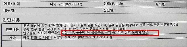 라떼가 처음 갔던 병원에서 수의사가 적은 진단서 내용. 피부 상처가 보이지 않는다고 명시했다./사진=라떼 구조자 김유정씨