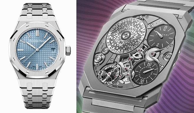 가장 잘 알려진 팔각형 디자인의 오데마 피게(Audemars Piguet)의 로얄오크(Royal Oak)와 세계에서 가장 얇은 시계인 불가리(Bulgari)의 옥토(Octo).