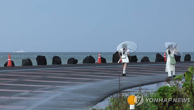 비 내리는 제주 (제주=연합뉴스) 박지호 기자 = 비가 내린 20일 오전 제주시 구좌읍 월정리 해안도로에서 우산을 쓴 관광객이 산책하고 있다. 2024.9.20 jihopark@yna.co.kr