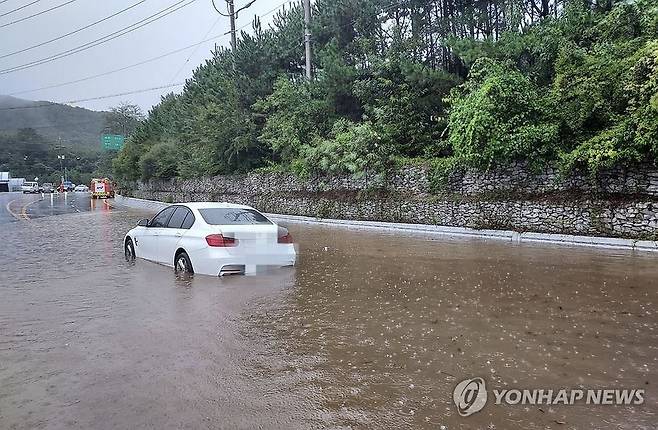 폭우에 고립된 차량 (진안=연합뉴스) 폭우가 쏟아진 21일 오전 11시께 전북 장수군 장계면의 한 도로에 차량이 고립돼있다.
    인근을 순찰하던 소방대원들은 침수된 차량을 발견해 차 안에 있던 운전자를 구조했다. 2024.9.21 [전북자치도소방본부 제공. 재판매 및 DB 금지] warm@yna.co.kr