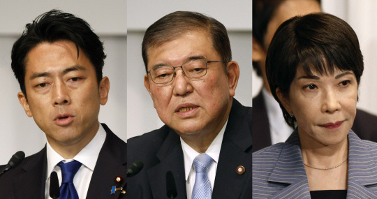 27일로 예정된 일본 자민당 총재 선거에 나서는 고이즈미 신지로 전 환경상(왼쪽), 이시바 시게루 전 자민당 간사장, 다카이치 사나에 경제안보상. EPA 연합뉴스