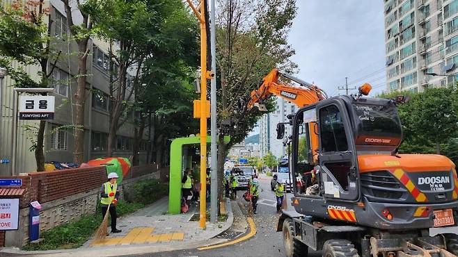 진동수확기를 활용해 은행 열매를 채취하고 있다. /서울시 제공