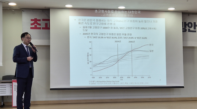 25일 국회의원회관 제2소회의실에서 열린 ‘초고령사회 요양서비스 활성화 방안’ 세미나에서 홍석철 서울대 경제학부 교수가 발표를 하고 있다. [사진 출처 = 최종일 기자]