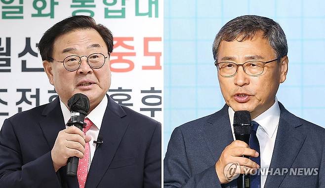 서울시교육감, 보수와 진보 단일후보 (서울=연합뉴스) 이지은 서대연 기자 = 10월 16일 서울시교육감 보궐선거에 중도우파 단일 후보로 추대된 조전혁 전 한나라당 의원(왼쪽)과 진보진영 단일화 후보로 확정된 정근식 서울대 명예교수가 25일 각각 여의도 산림비전센터과 마포구 가온스테이지에서 단일화 후보로 확정된 뒤 소감을 말하고 있다. 2024.9.25 photo@yna.co.kr