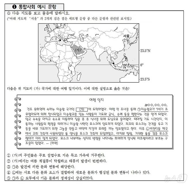 교육부와 한국교육과정평가원이 제시한 2028학년도 수능 통합사회 과목 예시 문항. (교육부 제공)