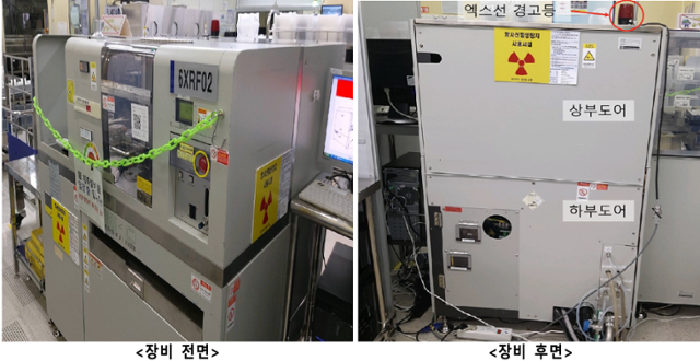 지난 5월 삼성전자 기흥캠퍼스에서 직원 피폭 사고를 일으킨 방사선 발생기의 앞면(왼쪽)과 뒷면(오른쪽). 원자력안전위원회 제공