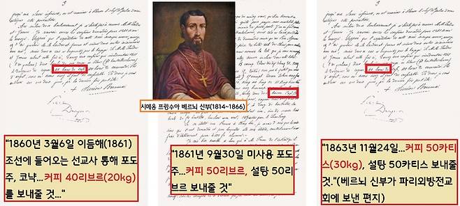 조선 천주교회 4대 교구장인 시메옹 프랑수아 베르뇌(1814~1866) 프랑스 신부는 1856년 서울에 부임한 이후 파리외방전교회 극동대표부(홍콩)에 “커피 좀 보내달라”는 내용의 편지를 잇달아 보낸다. 그렇게 커피를 전달받은 배르뇌는 프랑스 신부들은 물론 같이 생활하던 조선인이나 신도들과도 커피를 함께 마셨을 가능성이 크다.|국립민속박물관의 <요즘 커피> 특별전 도록에서