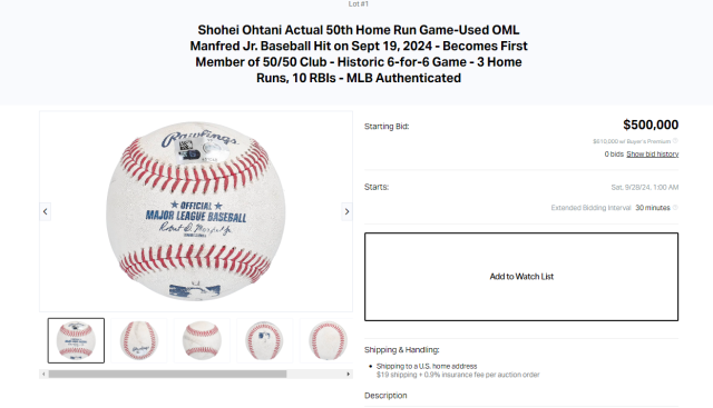 경매 사이트에 등장한 오타니 쇼헤이의 50번째 홈런볼./Goldin 캡처