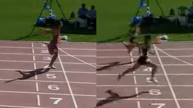 '제5회 전국 초·중·고등학교 학년별 육상 경기대회'에 출전해 부별 한국신기록을 수립한 나마디 조엘진(김포과학기술고·사진 왼쪽)과 권예은(월촌중)이 100m 결승전에서 가장 먼저 결승선을 통과하고 있다. 한국중·고육상연맹 SNS 캡처