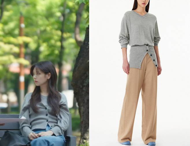 배우 전소민(왼쪽)이 보브 ‘뷔스티에 세트 풀오버’를 카디건처럼 연출해 입었다. (사진=tvN·신세계인터내셔날)