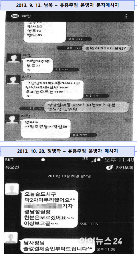 2013년 9~10월, 일명 '대장동 일당'인 남욱 변호사와 정영학 회계사가 주점업자와 나눈 문자. [사진=서울중앙지검]