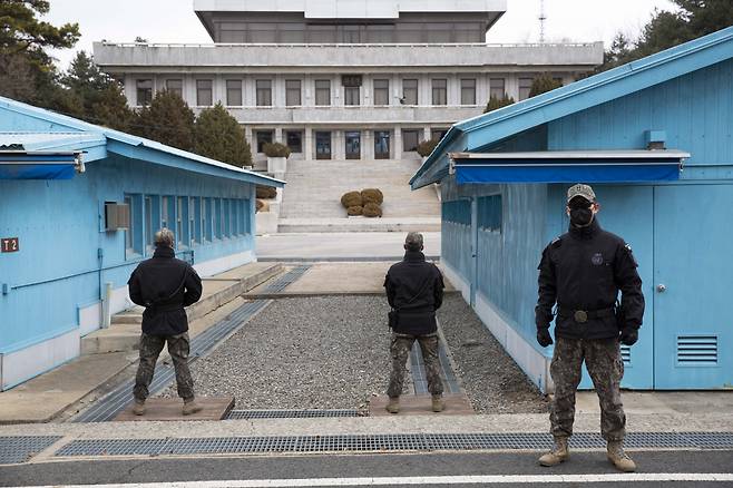 South Korean soldiers stand guard in the truce village of Panmunjom inside the demilitarized zone separating South and North Korea on March 03, 2023 in Panmunjom, South Korea. (GettyImages)