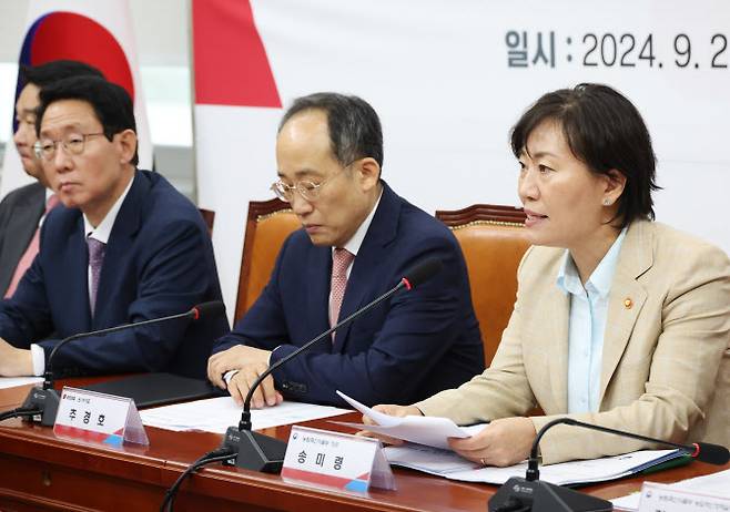 지난 27일 국회에서 열린 한국형 소득, 경영안전망 민당정 협의회에서 송미령 농림축삭식품부 장관이 발언을 하고 있다. (사진=연합뉴스)