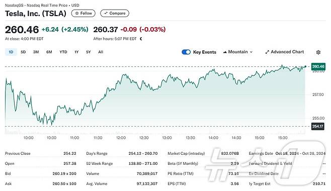 테슬라 일일 주가추이 - 야후 파이낸스 갈무리