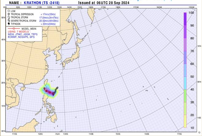 2024년 가을 제18호 태풍 '끄라톤(KRATHON)'모델예측 ⓒ기상청:끄라톤 현재위치와 예상경로