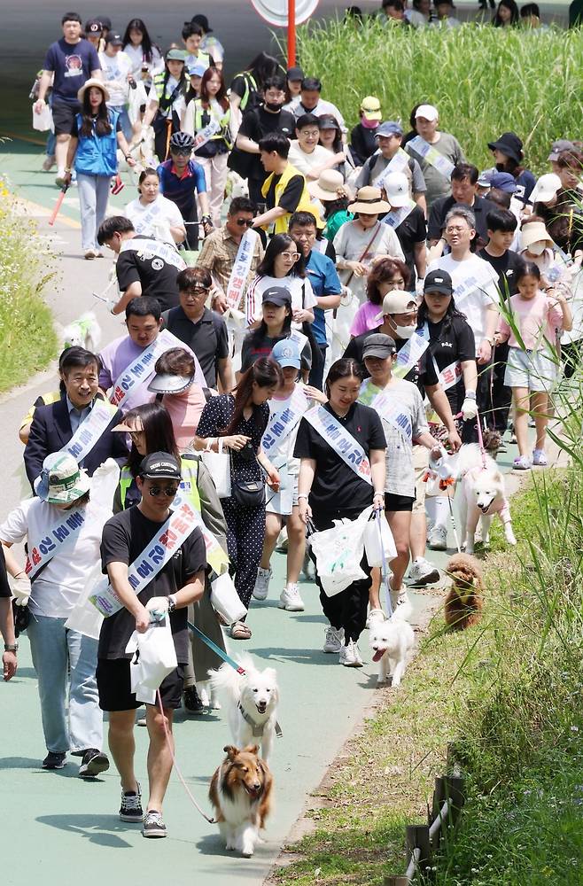 2023년 6월 11일 서울 서초구 매헌시민의숲 일원에서 열린 '반려견 놀이터 개장 축제'에서 시민들이 반려견과 산책하며 쓰레기를 줍는 플로깅(plogging)을 하고 있다. 사진=한국경제신문 강은구 기자 2023.6.11