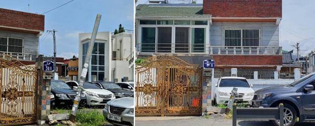 대구 서구 비산동 한 주택가에 전봇대 등 구조물 붕괴 위험이 있던 곳(왼쪽 사진)을 OK서구 민원 서비스를 통해 정비한 모습(오른쪽). 대구 서구 제공