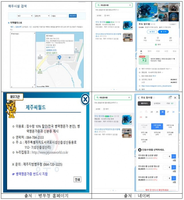병무청 홈페이지에서 병역명문가 예우시설로 소개된 제주씨월드의 병역명문가 할인 안내와 네이버 예약 할인 안내의 모습.    강대식 의원실 제공