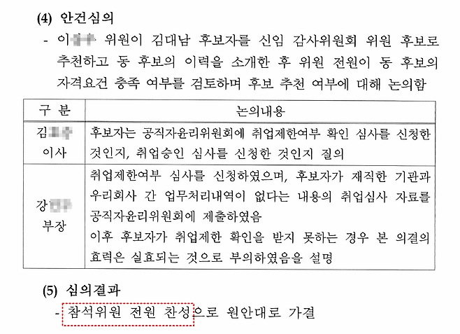 서울보증보험 2024년 제1차 임원후보추천위원회의 의사록 중(출처 : 한창민 사회민주당 의원실)