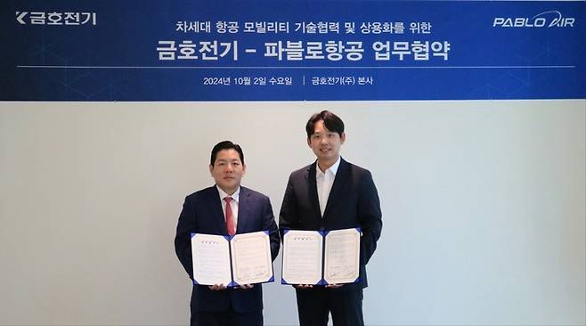 김영준 파블로항공 대표(오른쪽)와 이홍민 금호전기 대표가 업무협약을 체결한 후 기념촬영하고 있다. [사진 제공=파블로항공]