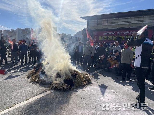 2일 전남도청 앞에서 전국농민회총연맹 광주전남연맹, 전국여성농민회총연합 광주전남연합, 전국쌀생산자협회 광주전남본부 소속 농민 160여명이 집회를 열고 벼멸구 피해의 자연재해 인정과 쌀값 안정화 대책을 촉구하고 있다. 이들은 결의문을 낭독한 이후 볏짚을 태우는 퍼포먼스를 펼쳤다. 이 과정에서 불을 진화하려는 경찰과 마찰을 빚기도 했다.