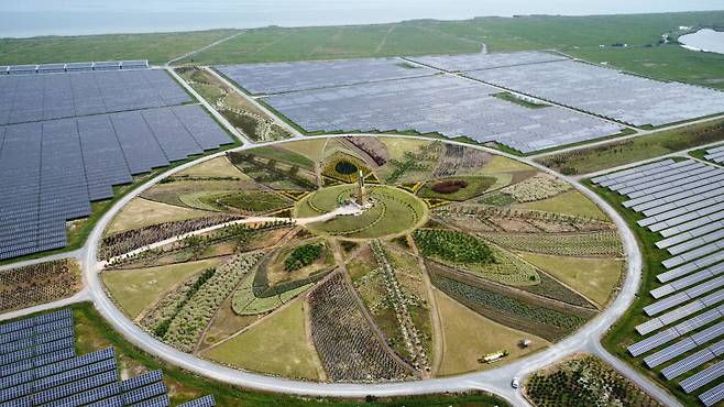 산이정원의 첫 번째 정원인 '태양의 정원'. 태양광 발전단지 한복판에 조성한 정원이다. 태양을 상징하는 의미에서 원형 정원을 만들었다. 사진 솔라시도