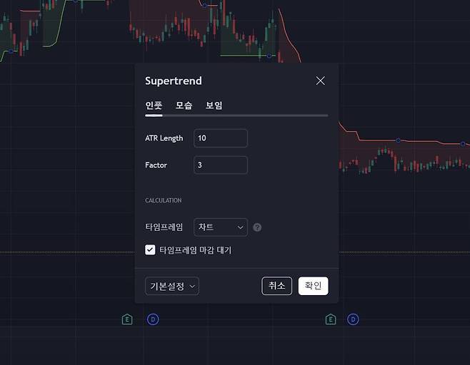 슈퍼트렌드 지표 설정 항목. ATR 수치보다 변수 설정이 지표에 큰 영향을 준다. / 출처=트레이딩뷰