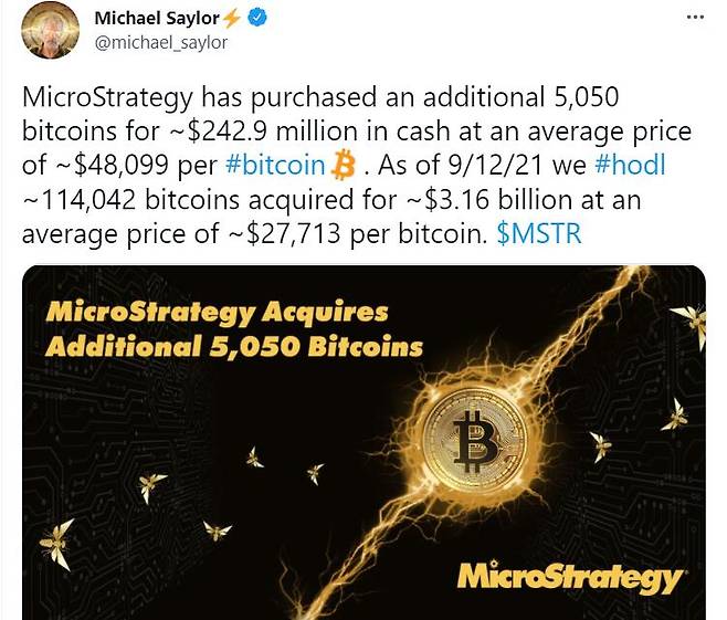마이크로스트레티지는 채권까지 발행해 가면서 비트코인을 매수하는 것으로 유명하다. 최고경영자(CEO)인 마이클 세일러(Michael Saylor)는 13일(현지시간) 자신의 트위터에서 마이크로스트레티지가 5050비트코인(BTC)를 추가 매입했다고 밝혔다. 2억4290만달러(약 2838억원) 어치다./트위터 캡처