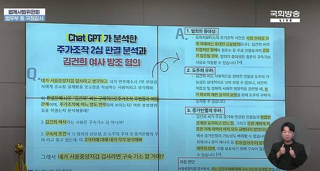 박지원 더불어민주당 의원이 8일 국회 법제사법위원회 국정감사에서 김건희 여사의 도이치모터스 주가 조작 의혹에 대한 챗GPT와의 질답을 소개하고 있다. /국회방송