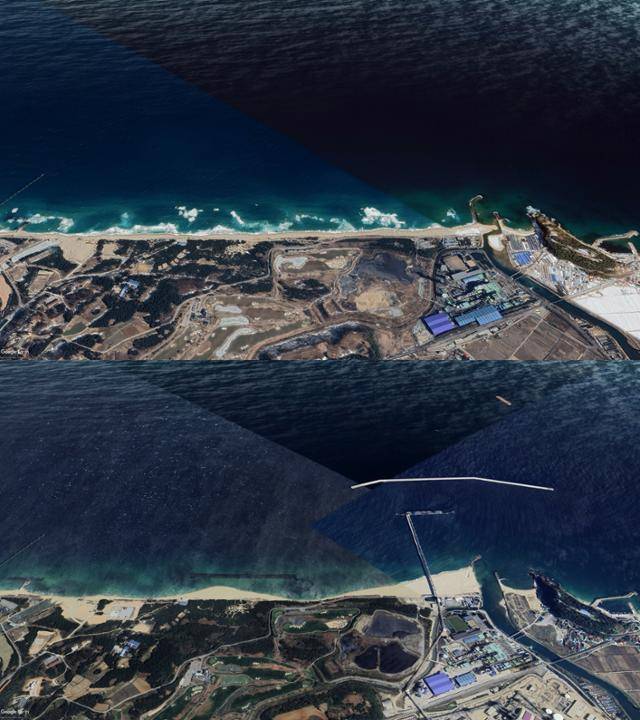 침식 '심각(D등급)' 평가를 받은 강원 강릉 하시동 해변의 2017년(위부터), 2023년 위성사진. 2020년 화력발전소 민간 개발 사업에 따른 수중방파제 설치 후 모래 유실로 인한 침식이 일어나고 있다. 구글 어스 캡처