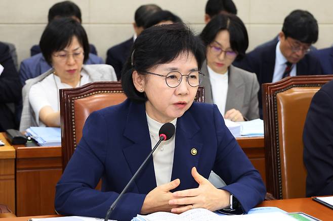 Jee Young-mee, chief of the Korea Disease Control and Prevention Agency, speaks during a parliamentary audit held at the National Assembly in western Seoul on Tuesday. [YONHAP]