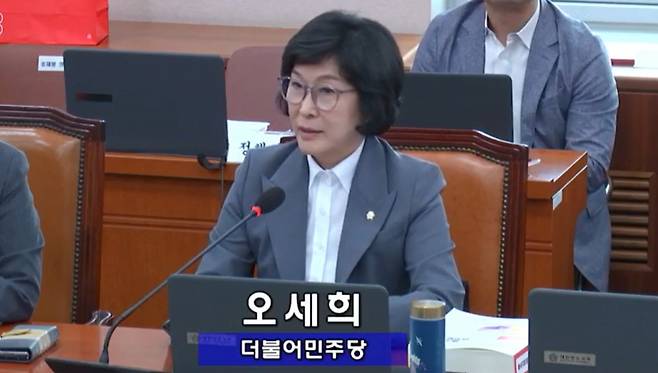 오세희 더불어민주당 의원이 8일 국회 산자중기위 중기부 국정감사에서 질의를 하고 있다./사진=영상회의록시스템