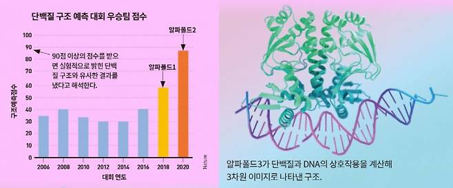 단백질 구조 예측 대회 우승팀 점수, 알파폴드3가 단백질과 DNA의 상호작용을 계산해 3차원 이미지로 나타낸 구조. Nature, Deepmind 제공