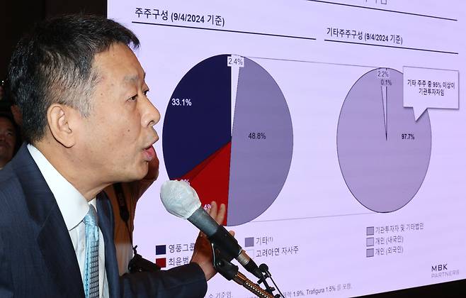 김광일 MBK파트너스 부회장이 지난달 19일 서울 중구 롯데호텔에서 고려아연 공개매수 관련 기자간담회를 하고 있다. /뉴스1