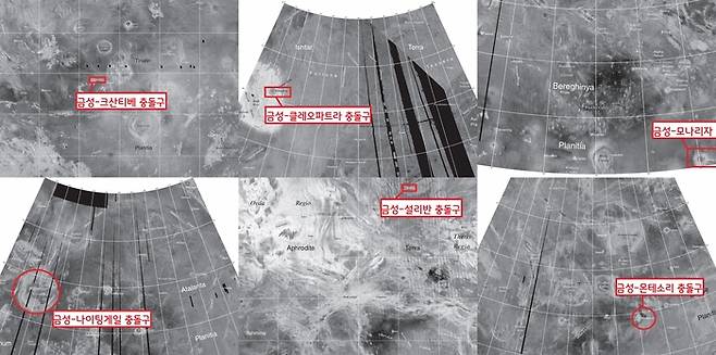 금성 충돌구 중에는 지집트 여왕 클레오파트라, 소크라테스 부인인 크산티페, 레오나르도 다빈치의 모델 모나리자, 간호사 나이팅게일, 헬렌 켈러의 스승 설리반, 교육자인 몬테소리 등이 포함되어 있다.