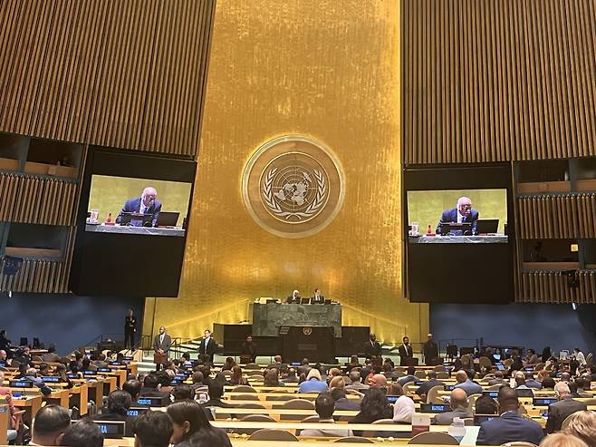 Voting is under way to elect members of the UN Human Rights Council for the 2025-2027 term at the UN headquarters in New York on Wednesday. (South Korea's permanent mission to the UN via Yonhap)