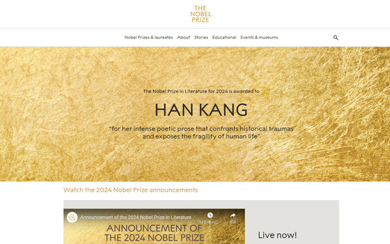 An official website of the Nobel Prize shows Han Kang as a winner of the prize in literature. [SCREEN CAPTURE]