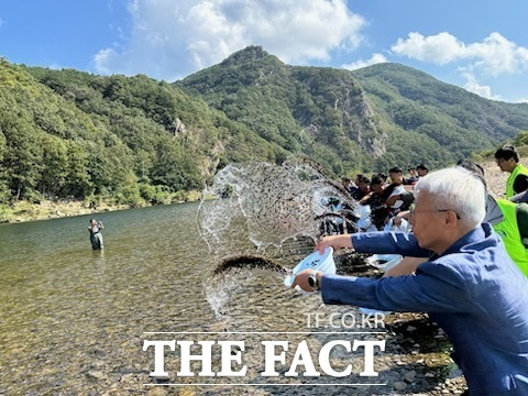 충남도 수산자원연구소가 어업인의 수입증대를 위해 11일 금산군 부리면 금강에 어린 다슬기 20만 패를 방류하고 있다. /충남도