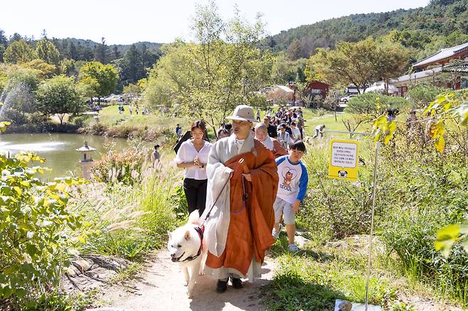 지난달 29일 경기 남양주시 봉선사에서 열린 '반려견과 함께하는 선명상 축제'에서 스님과 참가자들이 반려견과 걷기 명상을 하고 있다. /남양주시불교연합회